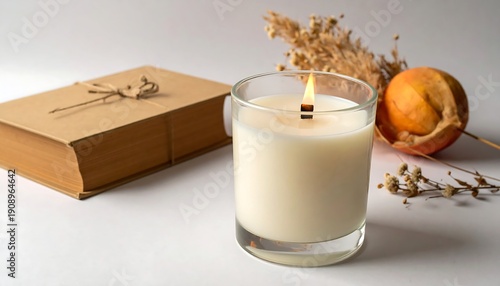 A lit candle in a glass beside a book and dried flowers
