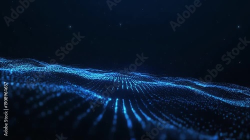 Wallpaper Mural Digital wave of glowing blue particles spreading across a dark background, symbolizing data flow and technology advancement Torontodigital.ca
