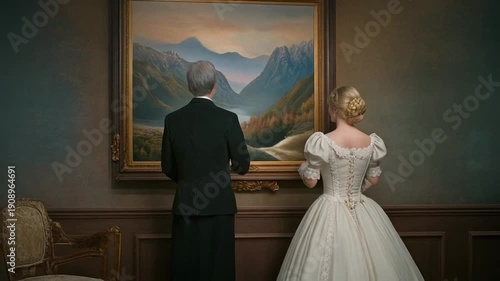 Wallpaper Mural Elegant couple admiring landscape painting in art gallery with mountain scenery Torontodigital.ca