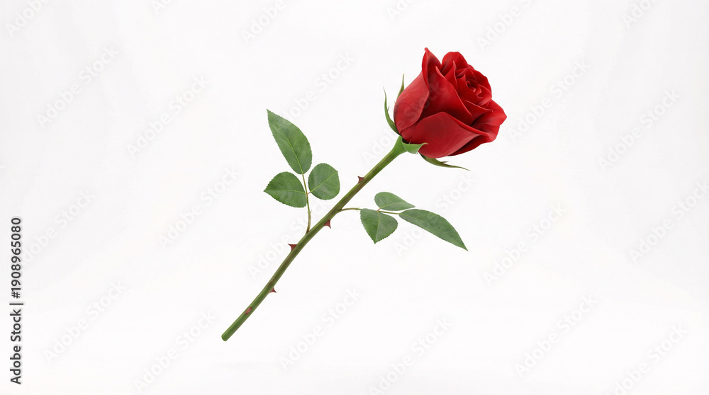 Obraz premium Beautiful red rose with green leaves on stem