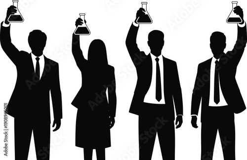 Silhouette of business professionals and scientists in suits holding Erlenmeyer flasks high, celebrating successful chemical research, medical innovation, and laboratory discovery.