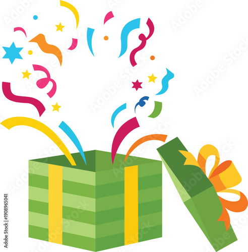 Open gift box vector bursting with confetti, ribbons, and stars, perfect for celebration designs, holiday promotions, birthday graphics, party invitations, festive marketing use.