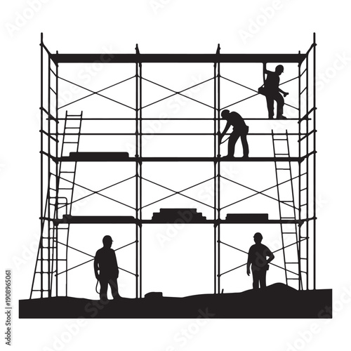 Construction workers on a multi story scaffolding structure performing various tasks at a job site