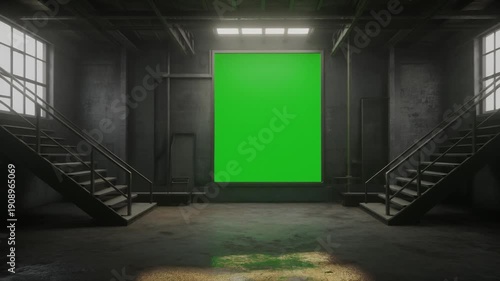 empty corridor with a light with green screen on the wall