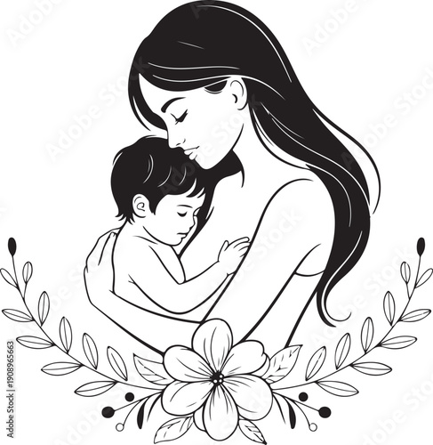 A peaceful mother cradles her deeply sleeping baby within a delicate floral wreath border