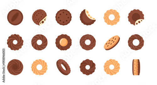Assorted Chocolate and Butter Cookies Vector Icon Set with Biscuits and Pastry Sweets