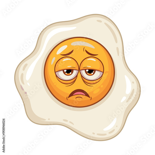 Sleepy fried egg cartoon character, tired breakfast food with droopy eyes, isolated on white