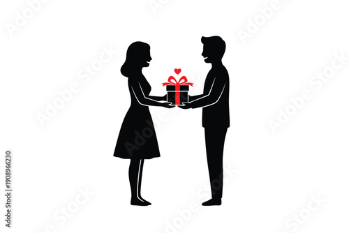 Couple Exchanging Gift in Simple Silhouette with Red Accent in Minimalist Style for Valentines Day