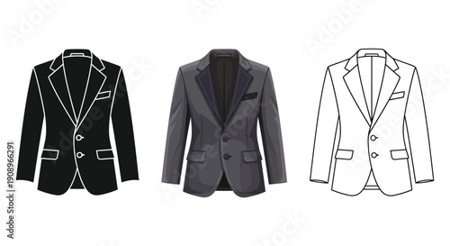 Set of three men's suit jackets or blazers illustrations in silhouette, color, and outline