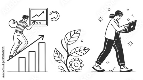 Business professionals illustrate growth metrics, emerging development, and mobile computing tasks using simple line art.
