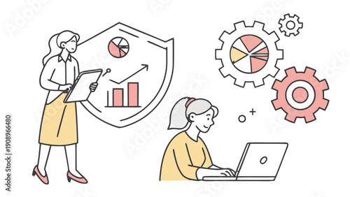 Two professional women demonstrate data security and workflow management with one securing a report and another working diligently.