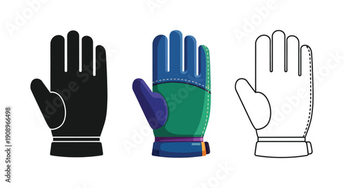 Set of three glove illustrations in silhouette, color, and outline