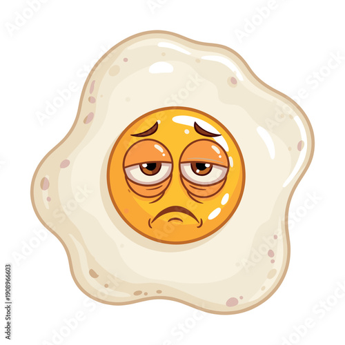 Tired sad fried egg with heavy eyelids, sleepy Kawaii food