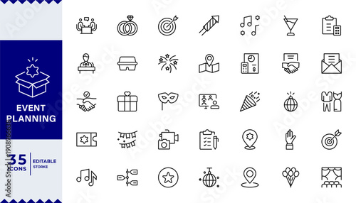 Pixel Perfect Event planning line icon set. Event organization, holiday, catering, guests, invitation,Management, wedding, entertainment, catering, invitations, catering, Vector collection.