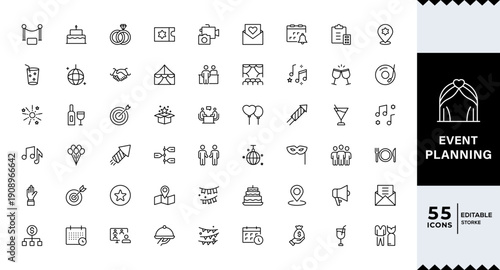 Pixel Perfect Event planning line icon set. Event organization, holiday, catering, guests, invitation,Management, wedding, entertainment, catering, invitations, catering, Vector collection.