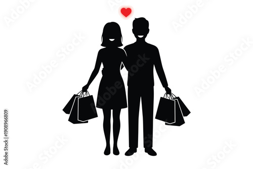 Couple with shopping bags in love silhouette in black and white with red heart for romantic shopping