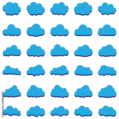 Cloud icon set. Cloud silhouette collection in cute flat cartoon style for web background. Nature sky, cloud pattern, fume or misty fog art. 