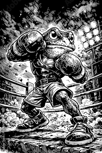 Frog Boxer Champion in Boxing Ring – Dramatic Black & White Ink Illustration with Arena Lights for Sports Mascot Logo, Poster, T-Shirt