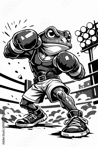 Boxing Frog Mascot in Ring Under Arena Lights – Black and White Vector Comic Illustration for Sports Logo, T-Shirt, Sticker