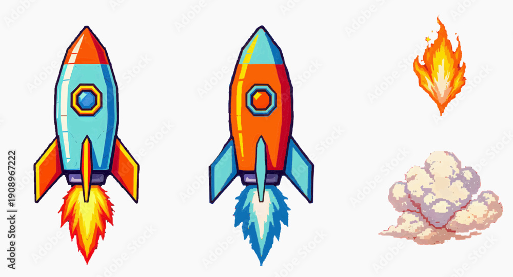 Fototapeta premium Pixel Art Rocket with Fire and Smoke – Retro 8-Bit Game Vector