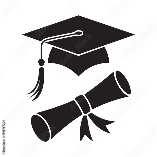 Diploma tied with ribbon under graduation cap silhouette academic award black vector isolated on white background