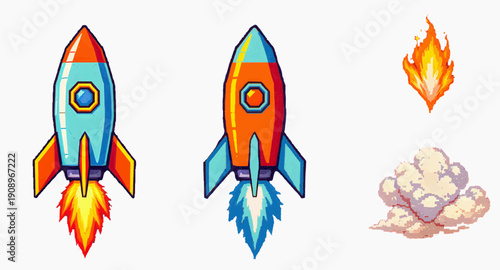 Pixel Art Rocket with Fire and Smoke – Retro 8-Bit Game Vector