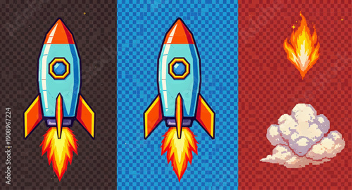 Retro Video Game Rocket Launch Pixel Art Illustration