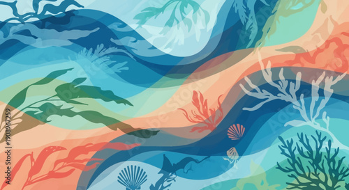 Abstract Ocean Waves with Seaweed and Shells Pattern