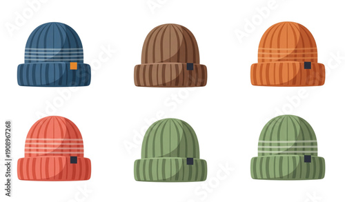 A set of colorful knit hats in various styles and colors