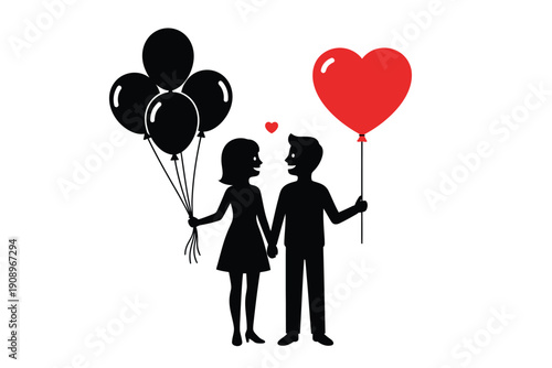 Couple Holding Balloons with Heart in Romantic Silhouette with Soft Lighting on White Background for Valentines Day