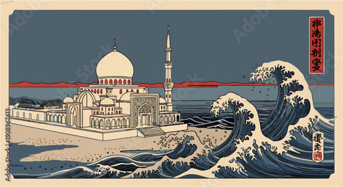 A majestic mosque stands tall against a massive wave crashing on the shore, viewed from a distant horizon with a serene blue sky