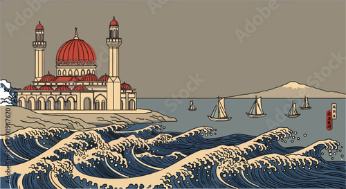 Serene mosque by the ocean with sailboats and turbulent waves in the foreground