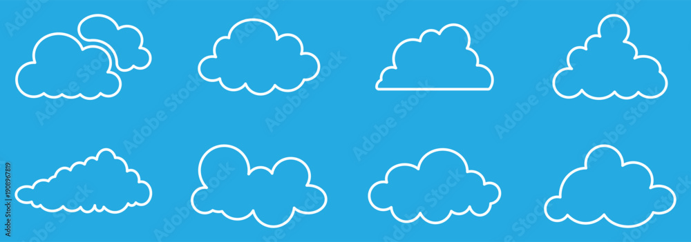 Obraz premium Simple cloud outlines in various shapes. Minimalist cloud icons for weather themes. Cloud outlines. Weather illustration, vector set. eps 10