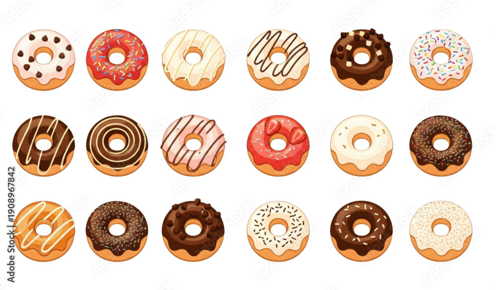Fototapeta premium A colorful vector illustration of assorted donuts with various toppings and glazes