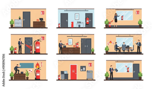 A set of office fire safety illustrations showing evacuation procedures