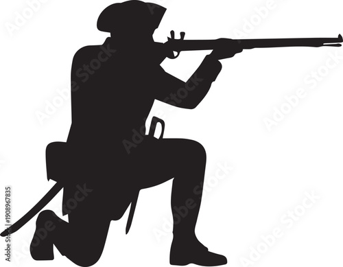 Revolutionary soldier aiming rifle silhouette vector illustration, line art on transparent background