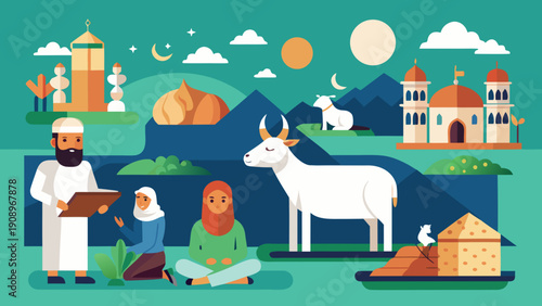 Muslim Family and Community Celebrating Eid Al-Adha with Sacrificial Animals in Flat Illustration Style