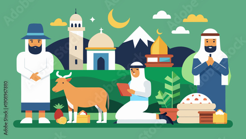 Muslim Men Celebrating Eid with Sacrificial Cow and Charity Rice Sacks in Scenic Landscape