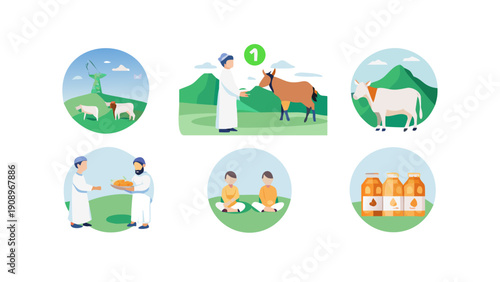Muslim Community Sharing Food and Livestock Farming Flat Illustration