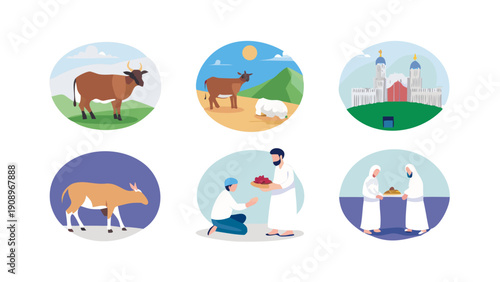 Eid Al-Adha Islamic Sacrifice Icon Set with Cow Goat and Mosque Illustration