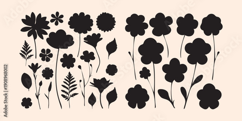 Seamless leopard animal print pattern on white background featuring black vector silhouettes of flowers, leaves, and butterflies for a nature-inspired floral design collection