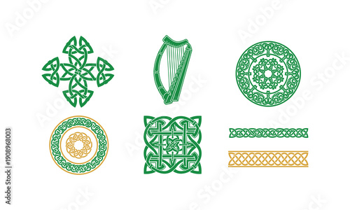Irish celtic knots and harp vector graphic design elements for st patrick's day