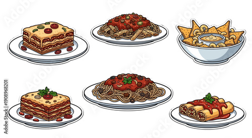 Assorted Italian Dishes on Plates, Illustrations of Cuisine from Various Angles