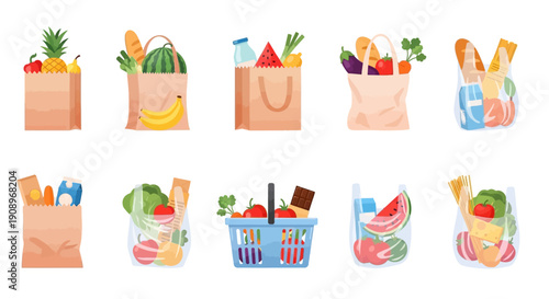 Collection of colorful grocery bags and baskets filled with fresh produce and household items on a clean background
