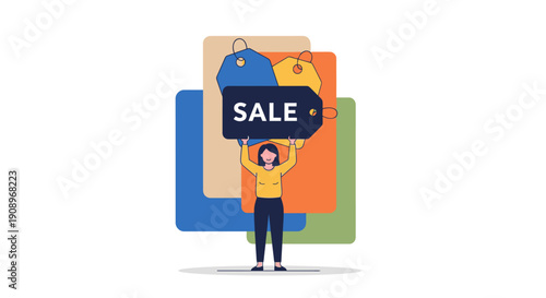 Person holding sale sign surrounded by shopping bags in colorful illustration