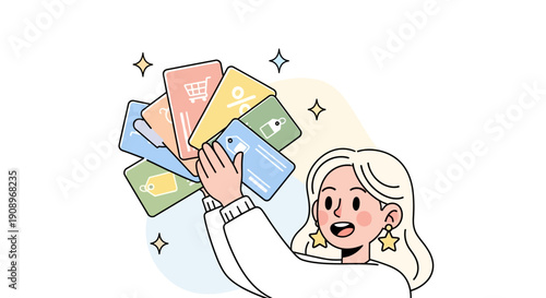 A woman happily holding multiple credit cards in her hand with a smile