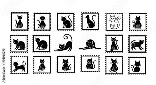 Black cat stamps collection isolated on white