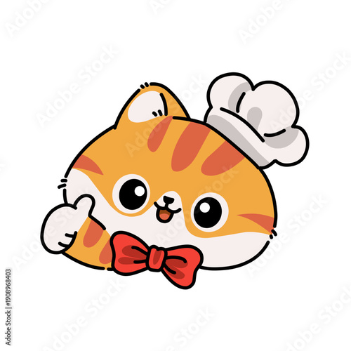 Cute orange cat head wearing chef hat and red bow tie. Kawaii cartoon illustration, friendly baking mascot isolated on white background.