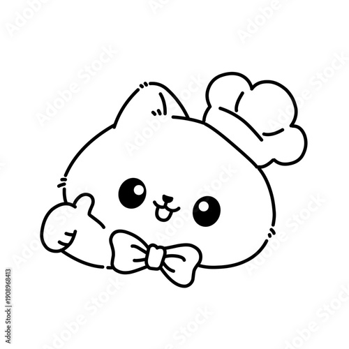 Adorable cat head wearing chef hat and bow tie. Clean kawaii line illustration, cute food mascot character isolated on white background.