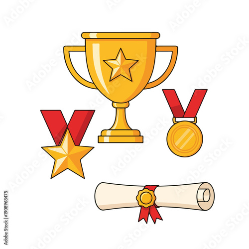 A cartoon illustration of a golden trophy, medal, star, and certificate on a white background, conveying a cute and celebratory mood with a flat lay composition.